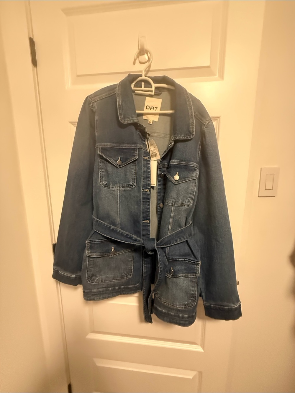 OAT New York Belted Denim Jacket in Mid Blue